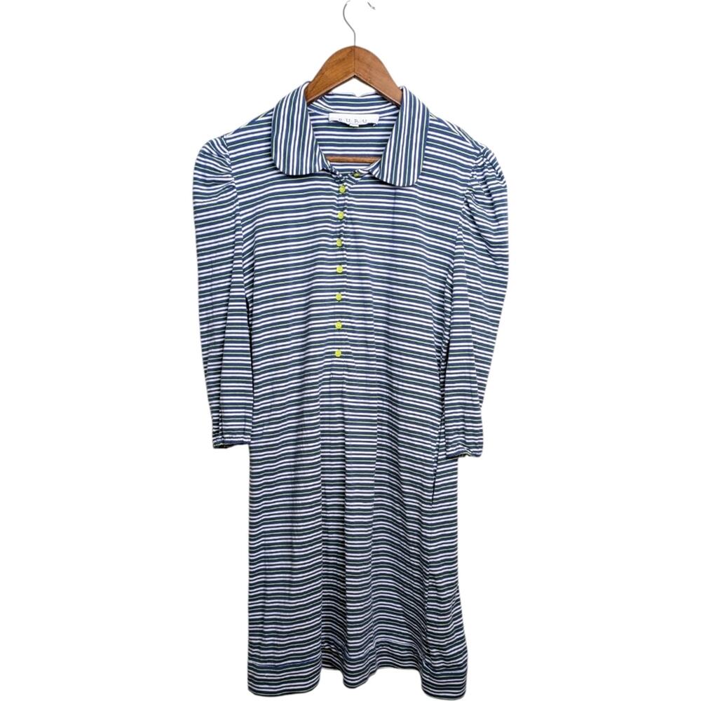 Buru Puff Sleeve Shirt Dress Large Striped Collared Preppy Coastal Classic Blue